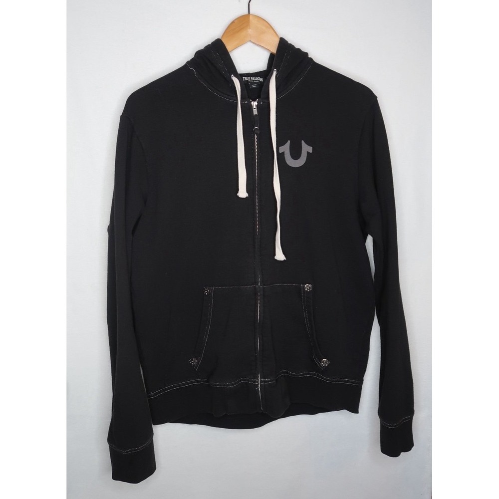 True Religion Classic Logo Zip Hoodie Black World Tour Buddha Mens Medium